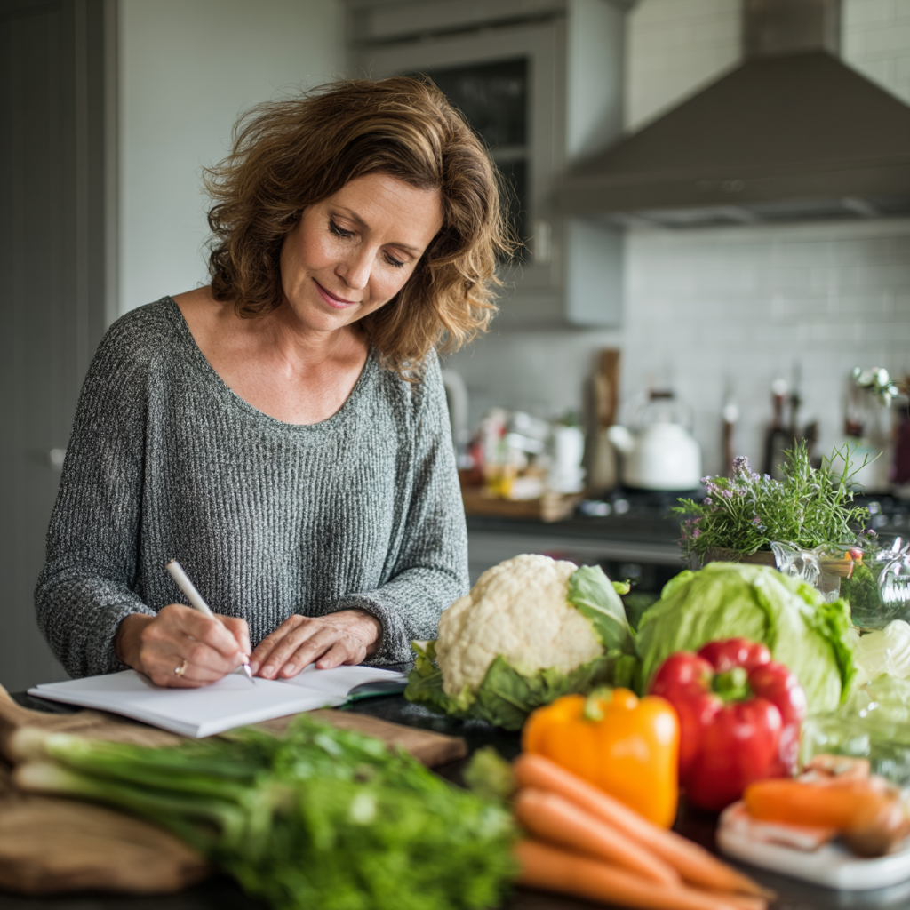 Middle-aged woman planning healthy meals with fresh vegetables on kitchen counter
