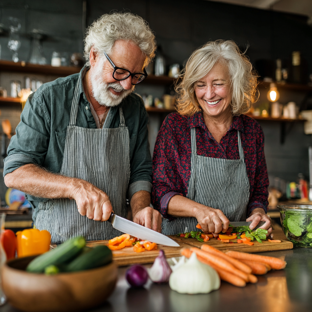 Senior couple preparing fresh vegetable salad together in modern kitchen